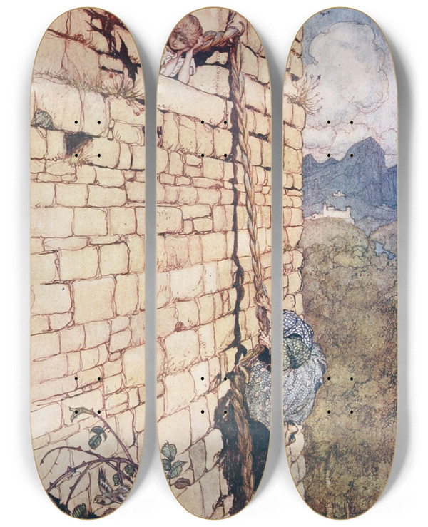 Triptych art skateboard deck of Arthur Rackham The Witch Climbed Up by Arthur Rackham (1867-1939)