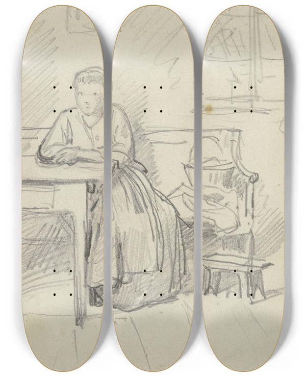Triptych art skateboard deck of Philipp Rumpf Woman Sitting At A Table by Philipp Rumpf (1821-1896)