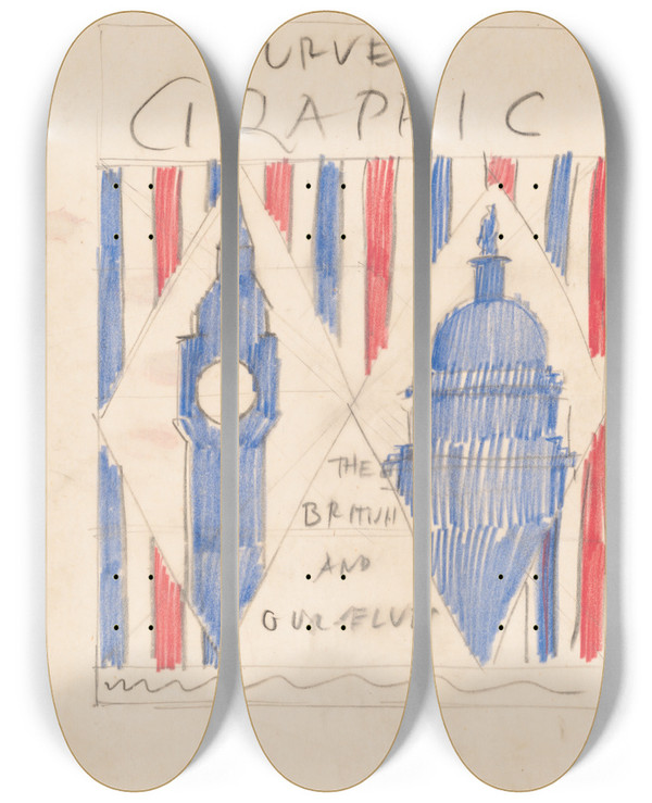 Triptych art skateboard deck of Winold Reiss Graphic Design For Cover Of Survey Graphic Magazine The British And Ourselves Drawing With British Parliament And Us Capitol Building by Winold Reiss (1886-1953)