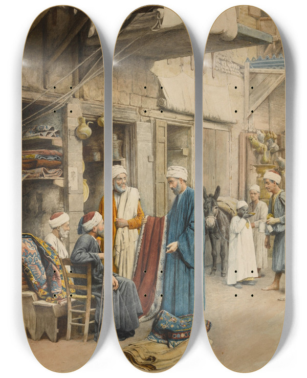 Triptych art skateboard deck of Filippo Bartolini The Carpet Seller_2 by Filippo Bartolini (1861-1908)