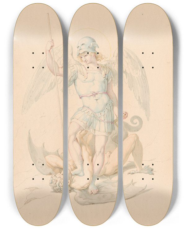 Triptych art skateboard deck of David Humbert De Superville St Michael Vertrapt De Duivel by David Humbert De Superville (1770-1849)