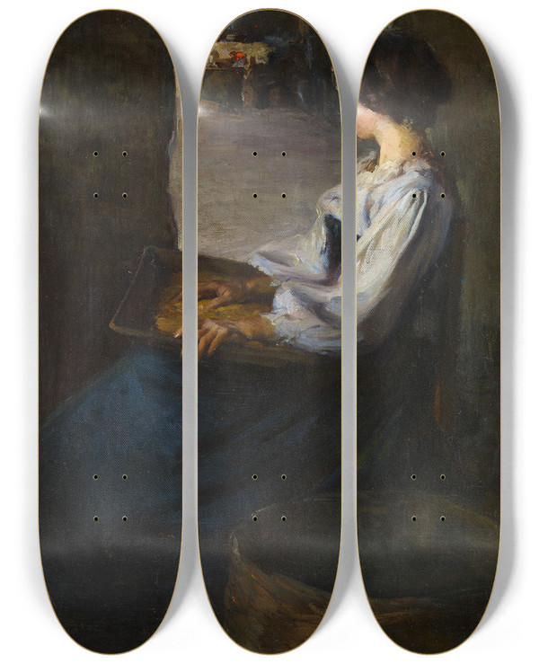 Triptych art skateboard deck of Enrique Martnez Cubells Breton Woman by Enrique Martinez Cubells (1874-1947)