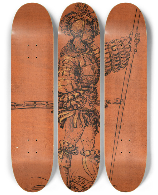 Triptych art skateboard deck of Niklaus Manuel Der Goldene Eidgenosse by Niklaus Manuel (1484-1530)