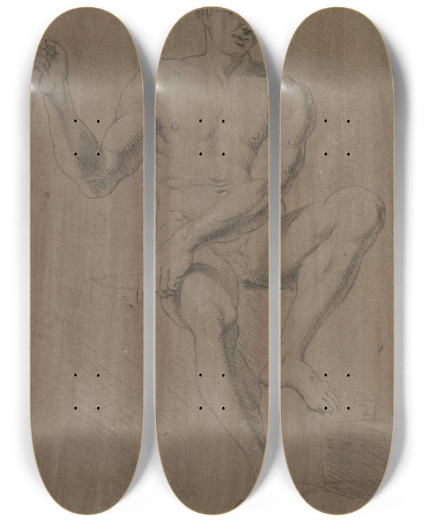 Triptych art skateboard deck of Bernhard Von Neher The Elder Akt Eines Sitzenden Mannes Von Vorne by Bernhard von Neher the elder (1743-1801)