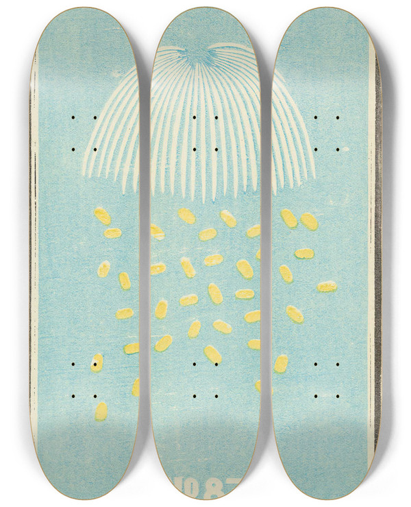 Triptych art skateboard deck of Jinta Hirayama Illustrated Catalogue Of Daylight Bomb Shells No 87 by Jinta Hirayama (19-)