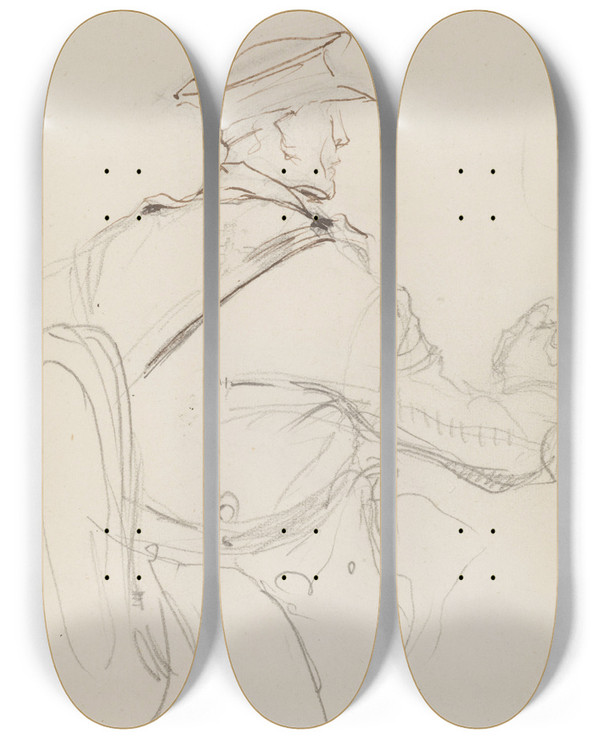 Triptych art skateboard deck of Georges Hugo Homme Assis Vu De Dos En Uniforme by Georges Hugo (1868-1925)