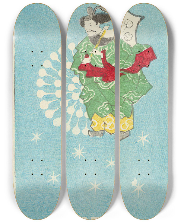 Triptych art skateboard deck of Jinta Hirayama Illustrated Catalogue Of Daylight Bomb Shells No 54 by Jinta Hirayama (19-)
