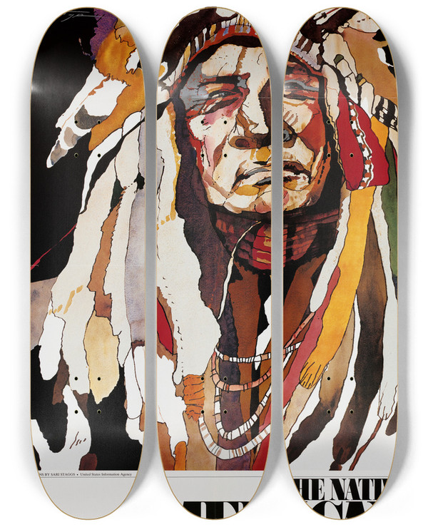 Triptych art skateboard deck of Us Information Agency The Native American by U S Information Agency (1953-1999)