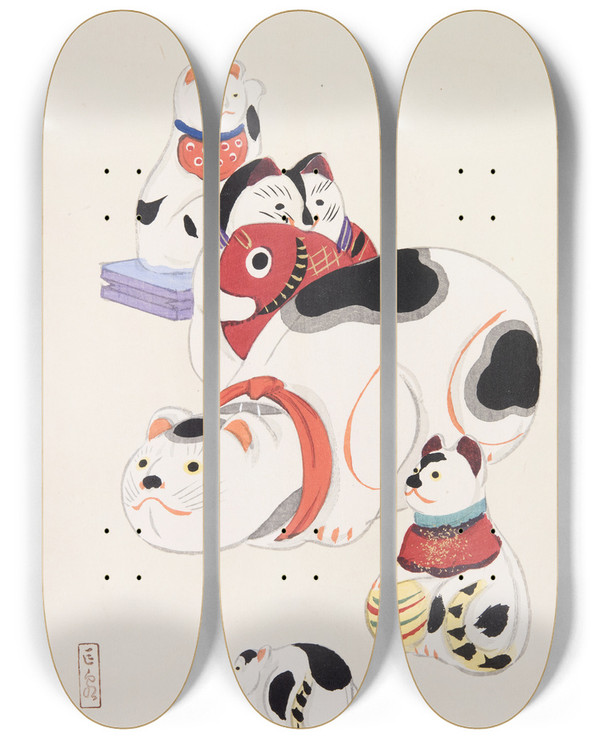 Triptych art skateboard deck of Kawasaki Kyosen Kyosens Collected Illustrations Of Japanese Toys Pl093 by Kawasaki Kyosen (1877-1942)