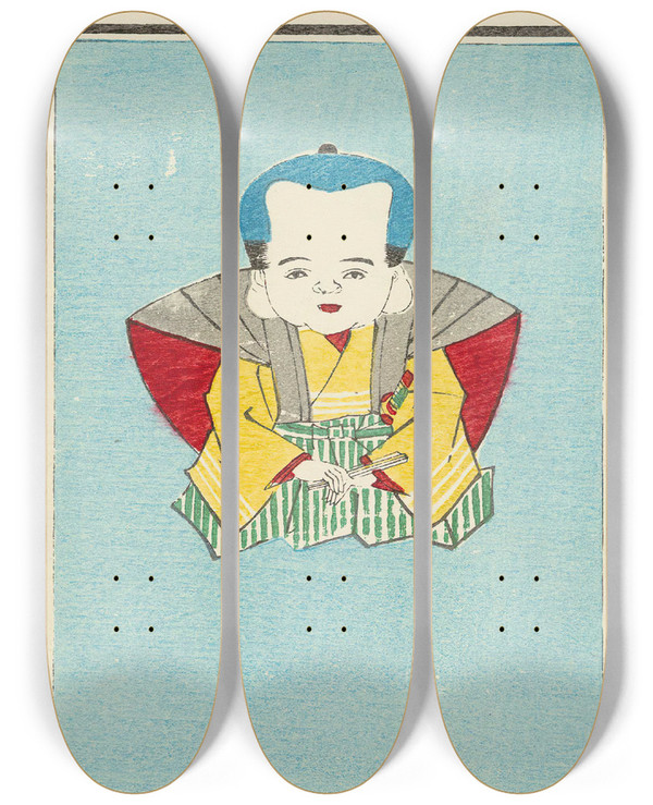 Triptych art skateboard deck of Jinta Hirayama Illustrated Catalogue Of Daylight Bomb Shells No 30 by Jinta Hirayama (19-)
