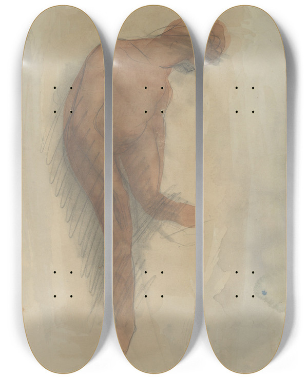 Triptych art skateboard deck of Auguste Rodin Nude Female Figure Holding Left Foot by Auguste Rodin (1840-1917)