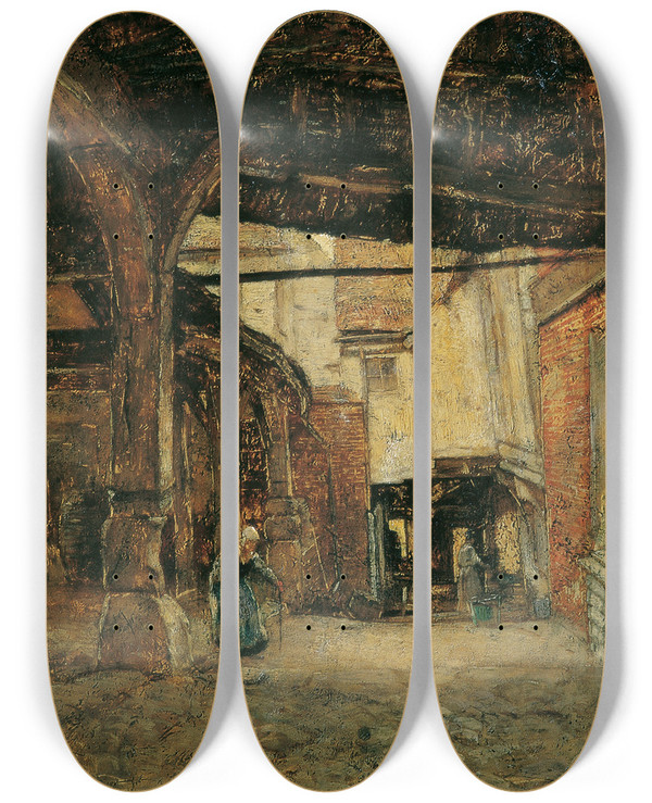 Triptych art skateboard deck of Rudolf Ribarz Hof by Rudolf Ribarz (1848-1904)