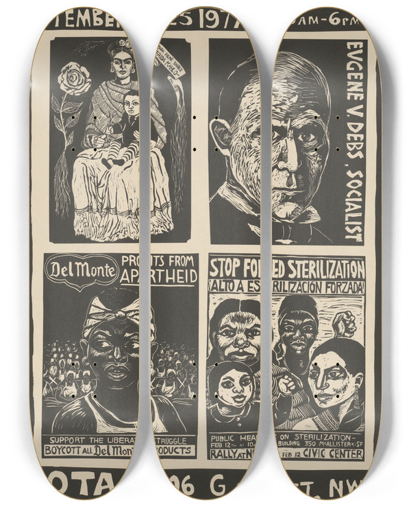 Triptych art skateboard deck of Rachael Romero Exhibit At Museum Of Temporary Art_1 by Rachael Romero (1953)
