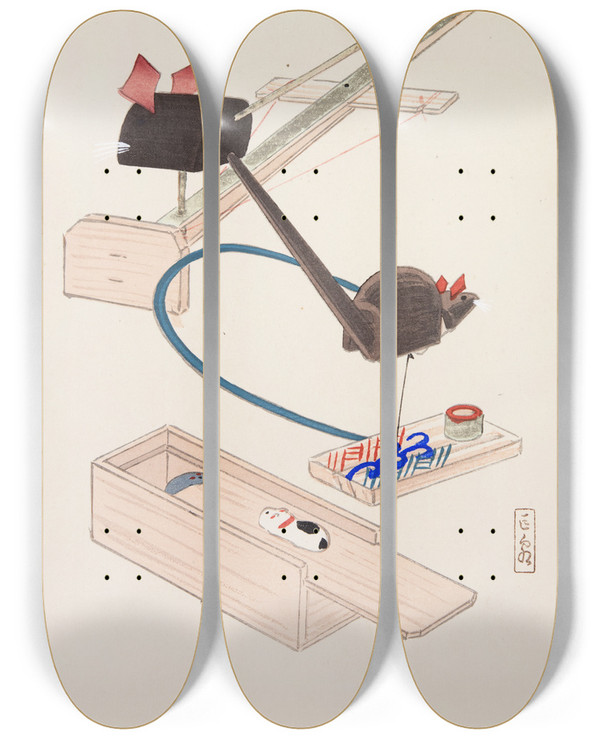 Triptych art skateboard deck of Kawasaki Kyosen Kyosens Collected Illustrations Of Japanese Toys Pl064 by Kawasaki Kyosen (1877-1942)