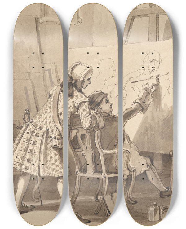 Triptych art skateboard deck of John Thomas Smith Hogarth Painting The Ladys Last Stake In The Presence Of Lord Charlemont by John Thomas Smith (1766-1833)
