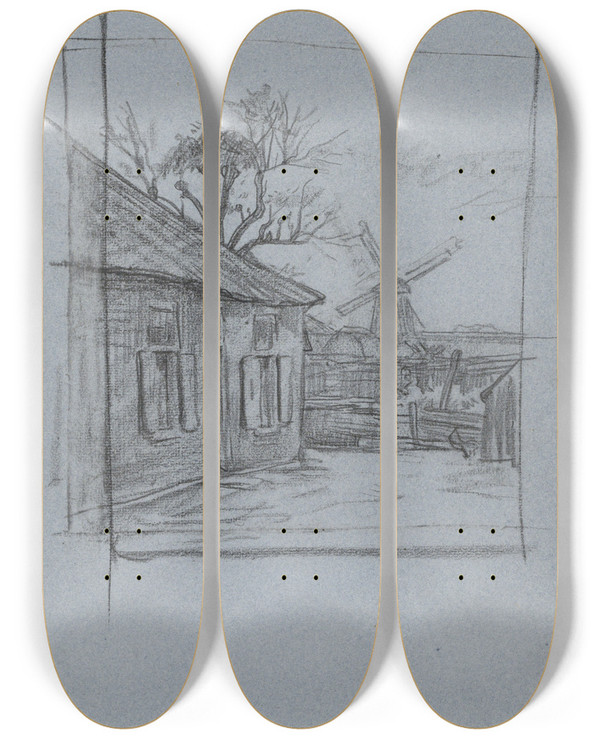 Triptych art skateboard deck of Jan Veth Arbeidershuis Met Een Moestuin En Een Molen Op De Achtergrond by Jan Veth (1864-1925)