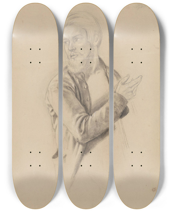 Triptych art skateboard deck of Adolph Tidemand Bearded Young Man by Adolph Tidemand (1814-1876)