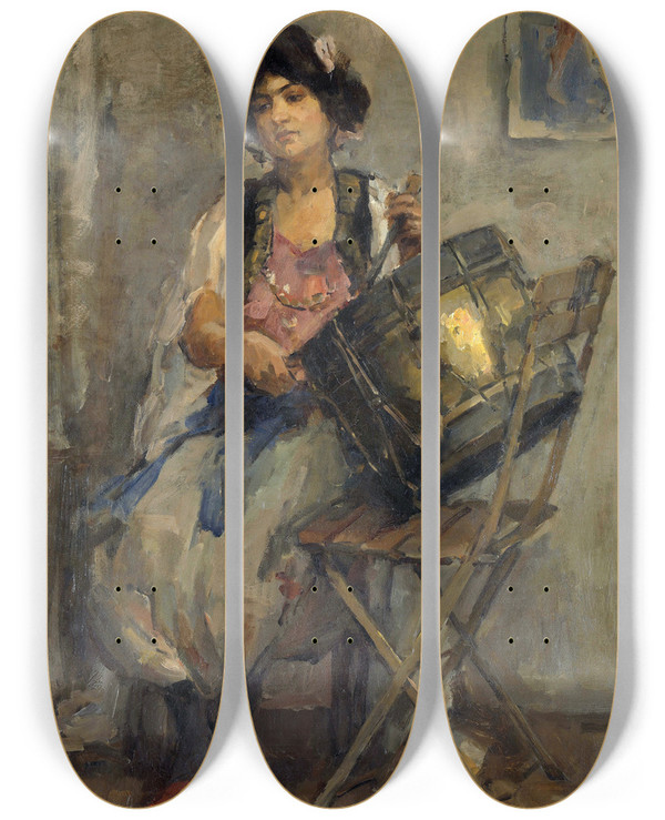 Triptych art skateboard deck of Isaac Israls The Lady Drummer by Isaac Israels (1865-1934)