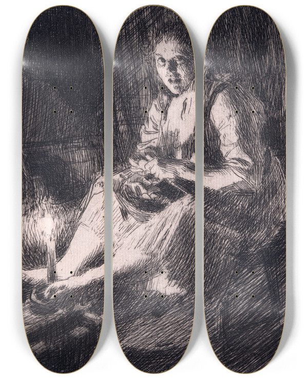 Triptych art skateboard deck of Anders Zorn Ida by Anders Zorn (1860-1920)