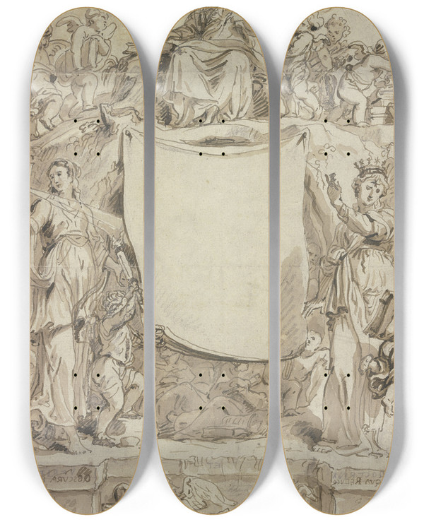 Triptych art skateboard deck of Abraham Van Diepenbeeck Allegorical Title Page by Abraham Van Diepenbeeck (1596-1675)