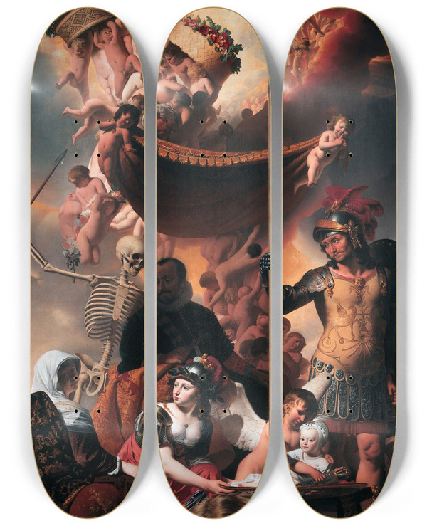Triptych art skateboard deck of Caesar Van Everdingen Allegory Of The Birth Of Frederick Henry Of Orangenassau by Caesar Van Everdingen (1617-1678)