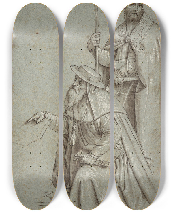 Triptych art skateboard deck of Giambattista Moroni Sankt Hieronymus Og Sankt Augustin by Giambattista Moroni