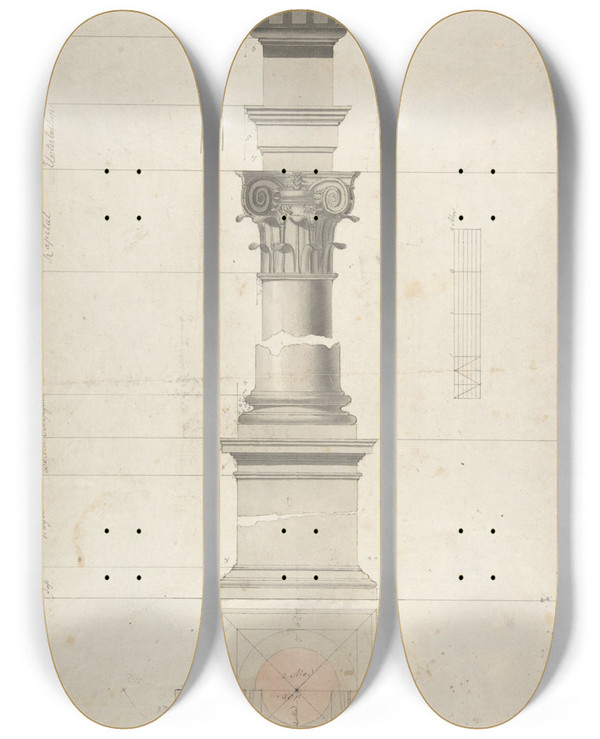 Triptych art skateboard deck of Maximilian Hardmuth Design For A Column In Roman Order by Maximilian Hardmuth (1824-1876)