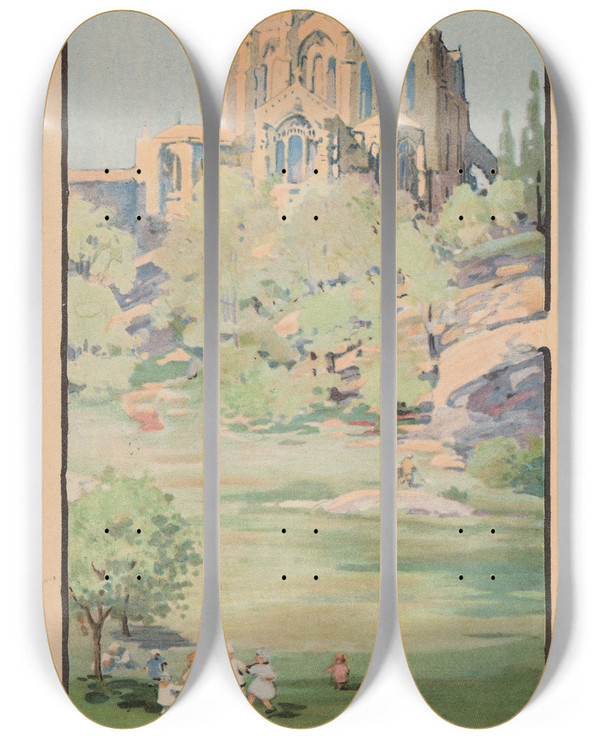 Triptych art skateboard deck of Rachael Robinson Elmer The Cathedral Of St John The Divine From Morningside Park by Rachael Robinson Elmer (1878-1919)