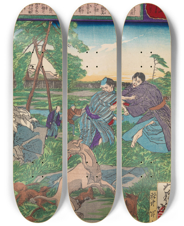 Triptych art skateboard deck of Tsukioka Yoshitoshi Raccoon Dog Protects Its Cubs From Attack By A Dog by Tsukioka Yoshitoshi (1839-1892)