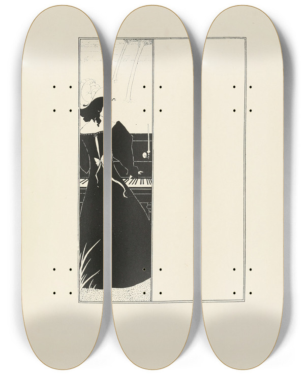 Triptych art skateboard deck of Aubrey Vincent Beardsley Under The Hill Pl10 by Aubrey Vincent Beardsley (1872-1898)