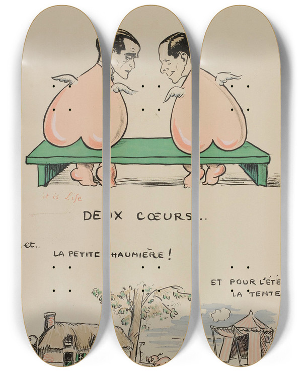 Triptych art skateboard deck of Georges Goursat Sem Mais Tout Sarrange by Georges Goursat (Sem) (1863-1934)