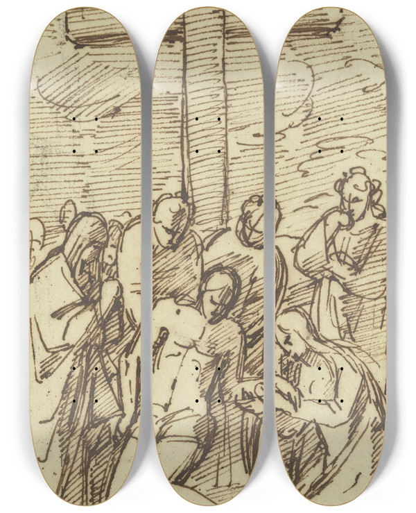 Triptych art skateboard deck of Vincenzo Tamagni Lamentation Of Christ by Vincenzo Tamagni (1492-1530)