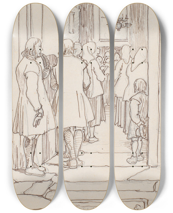 Triptych art skateboard deck of Wilhelm Marstrand Svenske Bnder Til Gudstjeneste by Wilhelm Marstrand (1810-1873)