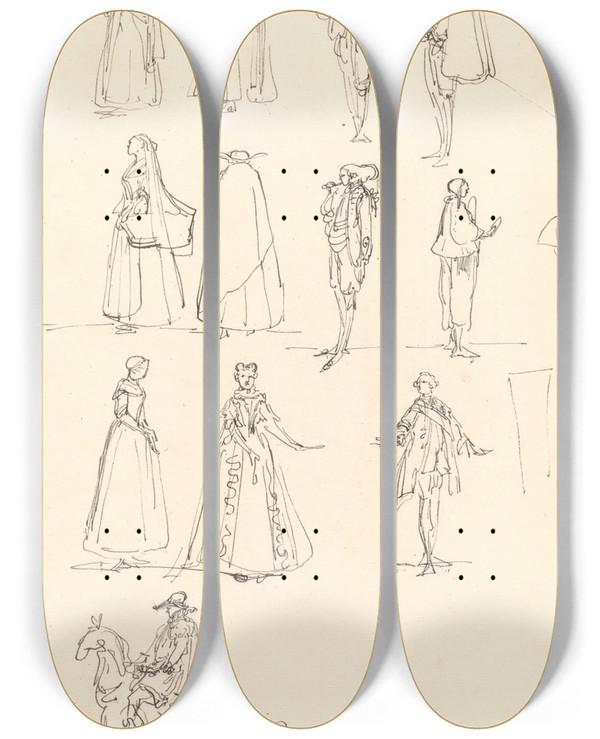 Triptych art skateboard deck of Luis Paret Y Alczar Historical Costumes by Luis Paret Y Alcazar (1746-1799)