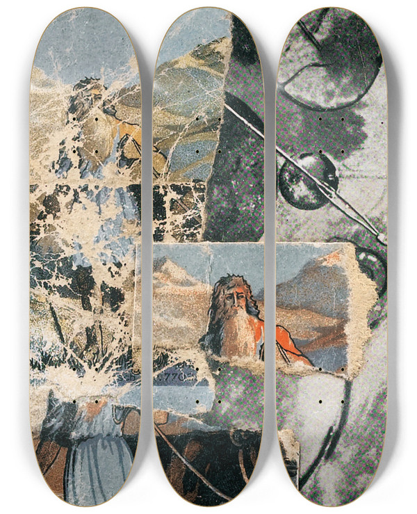 Triptych art skateboard deck of Kurt Schwitters Sans Titre Collagierte Bildpostkarte Das Kreisen by Kurt Schwitters (1887-1948)