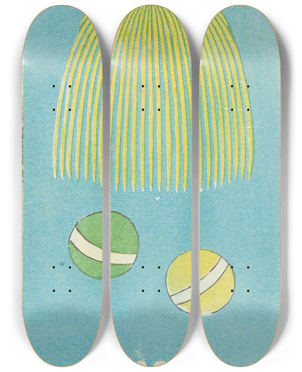 Triptych art skateboard deck of Jinta Hirayama Illustrated Catalogue Of Daylight Bomb Shells No 64 by Jinta Hirayama (19-)