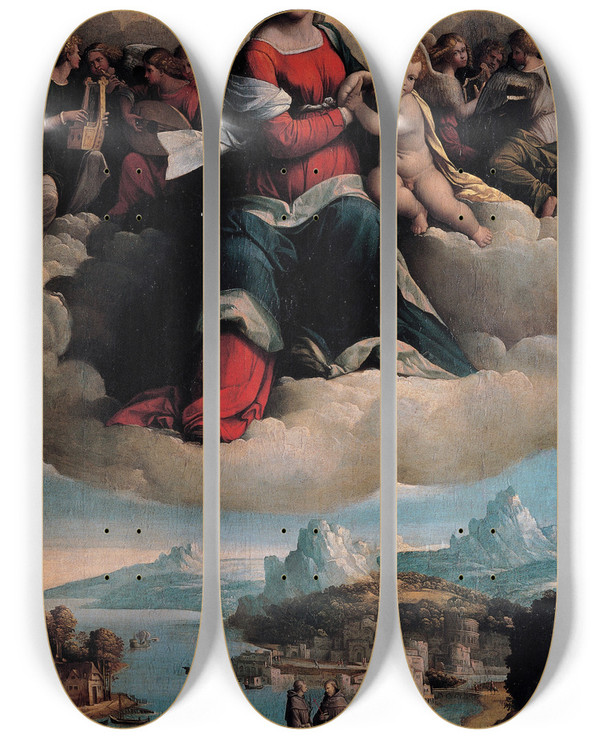 Triptych art skateboard deck of Benvenuto Tisi Madonna With The Child In Glory And Holy Ones by Benvenuto Tisi (1481-1559)