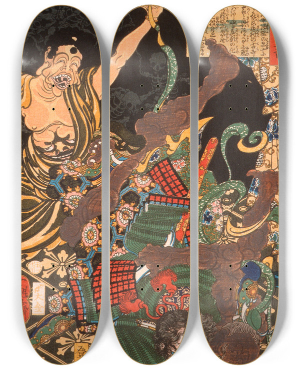 Triptych art skateboard deck of Tsukioka Yoshitoshi Toki Daishir Fighting The Demon by Tsukioka Yoshitoshi (1839-1892)
