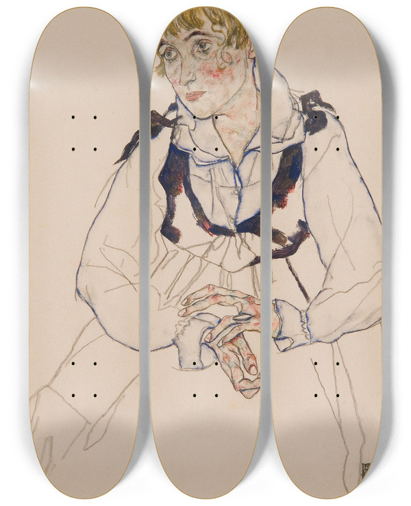 Triptych art skateboard deck of Egon Schiele Die Frau Des Knstlers Sitzend Edith Schiele by Egon Schiele (1890-1918)