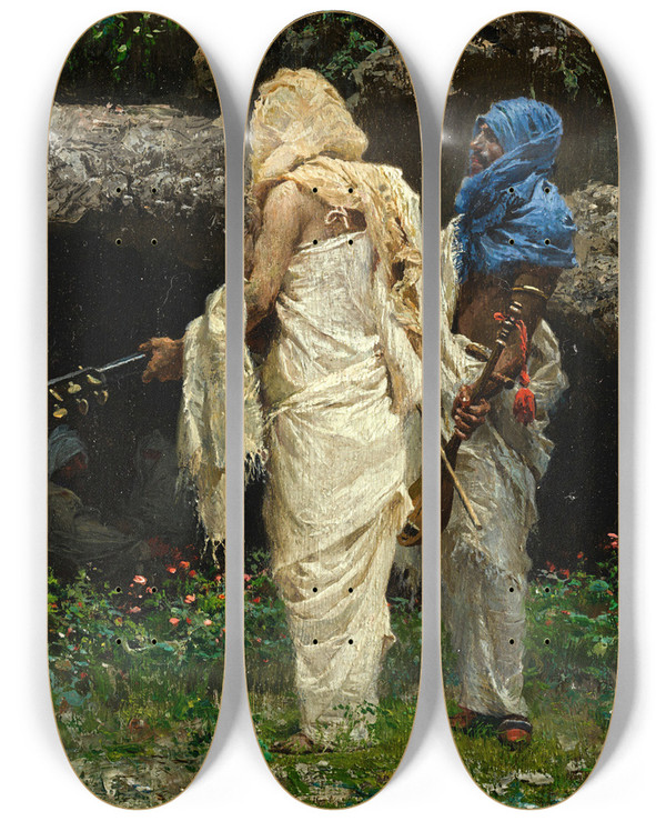 Triptych art skateboard deck of Josep Tapir Bar The Musicians by Josep Tapiro Baro (1836-1913)