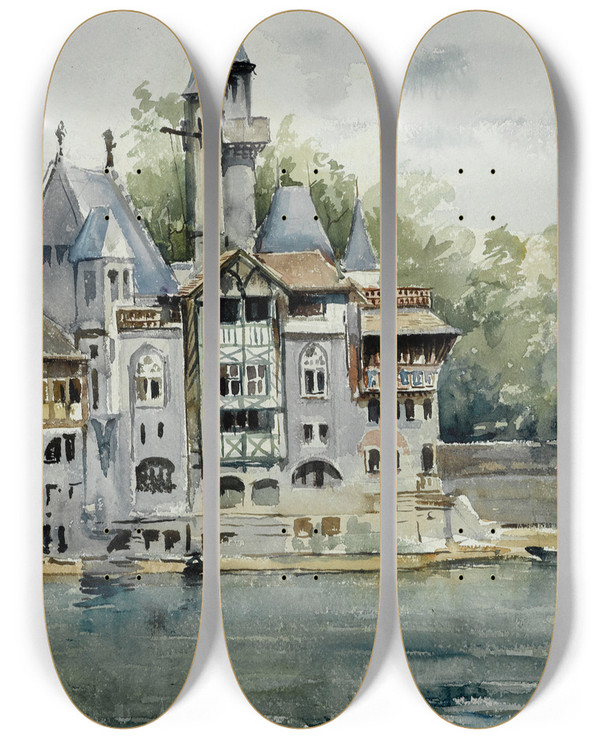 Triptych art skateboard deck of Laure Brouardel Exposition De 1900 Le Vieux Paris_5 by Laure Brouardel (1852-1935)