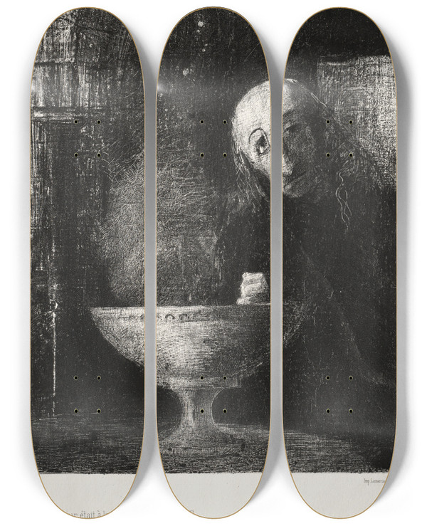 Triptych art skateboard deck of Odilon Redon And The Searcher Was Engaged In An Infinite Search by Odilon Redon (1840-1916)