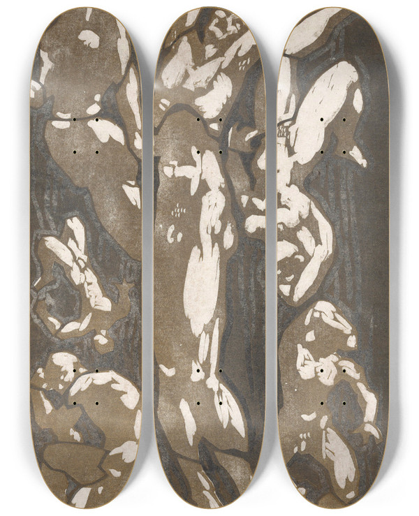 Triptych art skateboard deck of Reijer Stolk Compositie Met Zes Menselijke Figuren by Reijer Stolk (1896-1945)