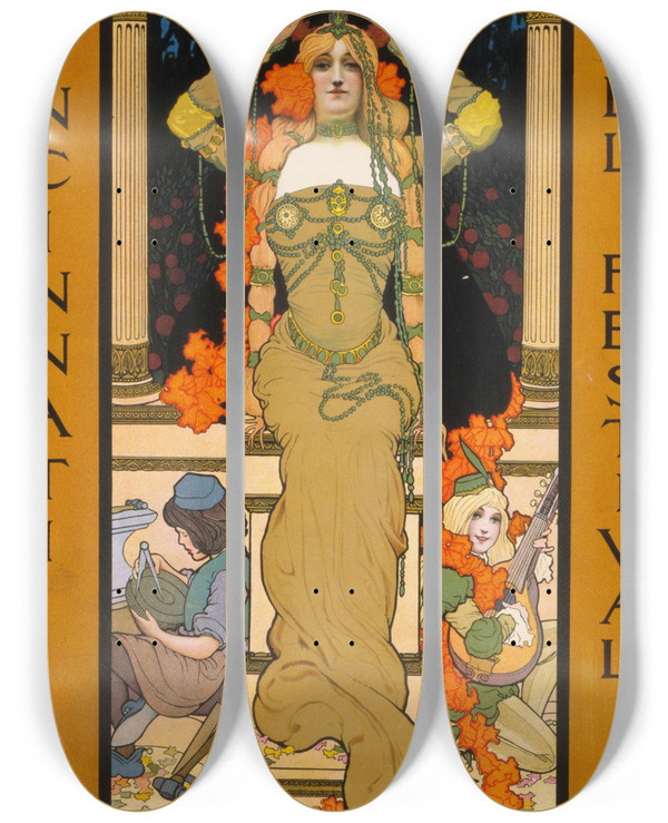 Triptych art skateboard deck of Strobridge Co Lith Cincinnati Fall Festival by Strobridge Co Lith (19-20-)