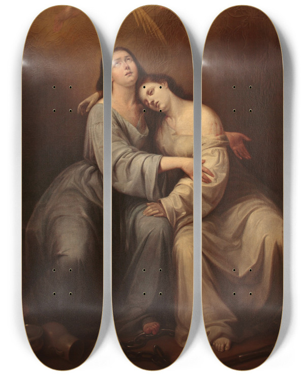 Triptych art skateboard deck of Antonio Mara Esquivel Saint Justa And Saint Rufina by Antonio Maria Esquivel (1806-1857)