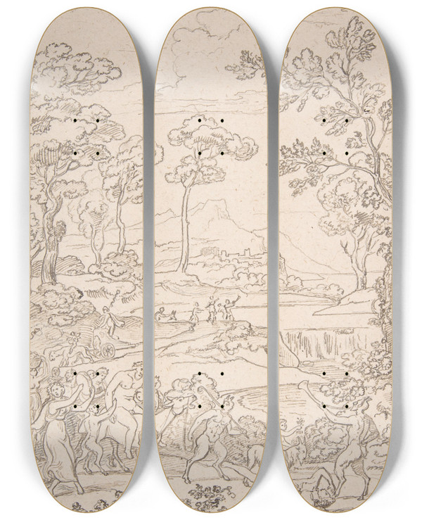 Triptych art skateboard deck of Joseph Anton Koch The Triumph Of Bacchus by Joseph Anton Koch (1768-1839)
