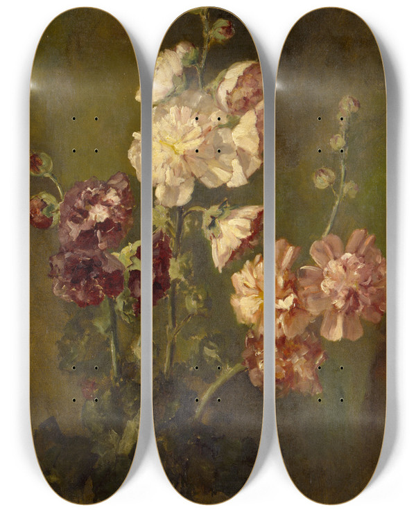 Triptych art skateboard deck of Max Weyl Hollyhocks by Max Weyl (1837-1914)