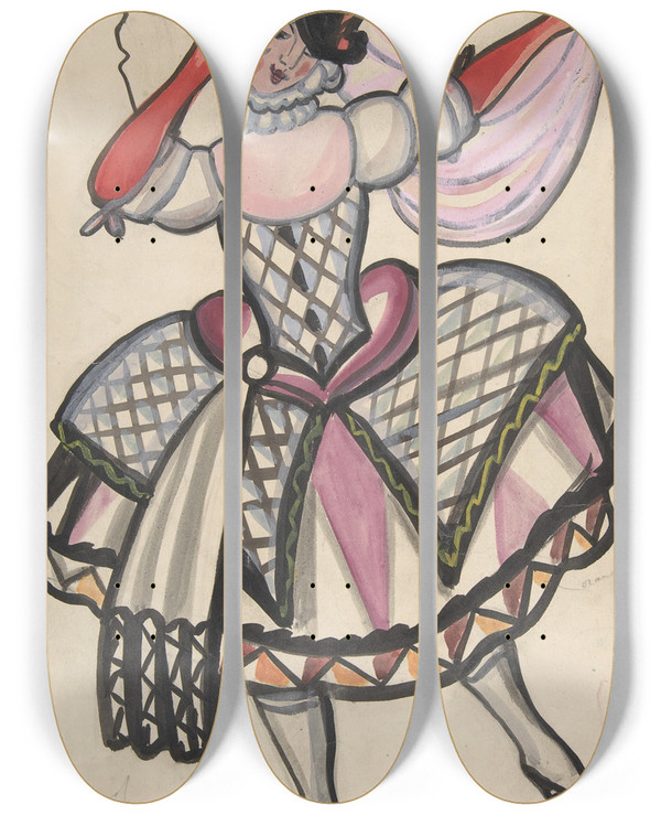 Triptych art skateboard deck of Sergey Yurievich Sudeikin Woman In A Harlequin Costume Holding A Mask by Sergey Yurievich Sudeikin (1882-1946)