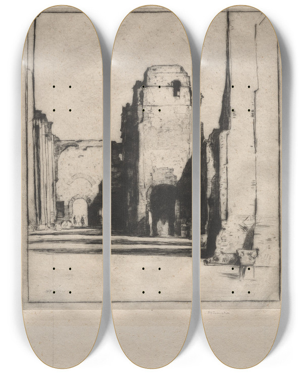 Triptych art skateboard deck of David Young Cameron Tepidarium Baths Of Caracella by David Young Cameron (1865-1945)