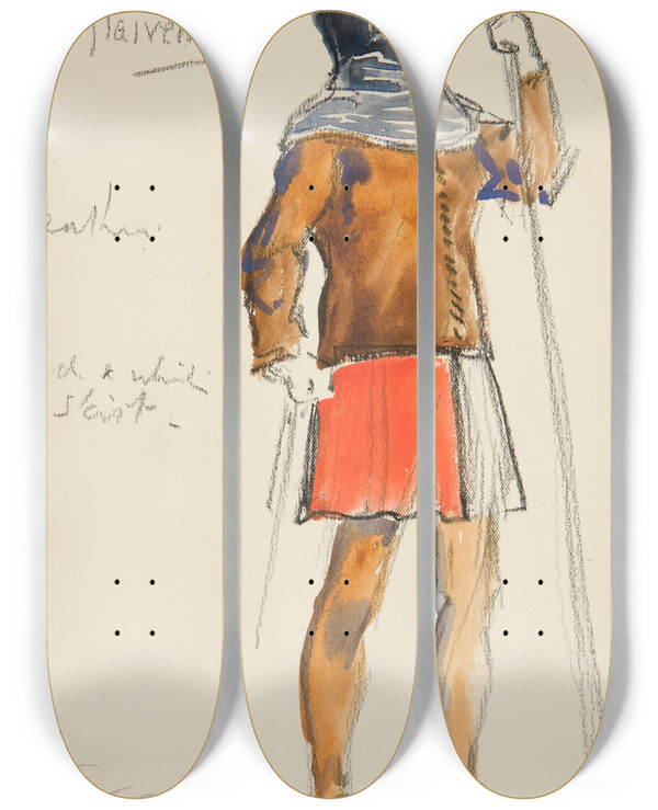 Triptych art skateboard deck of Edwin Austin Abbey Glaiveman Costume Sketch For Henry Irvings Planned Production Of King Richard Ii by Edwin Austin Abbey (1852-1911)